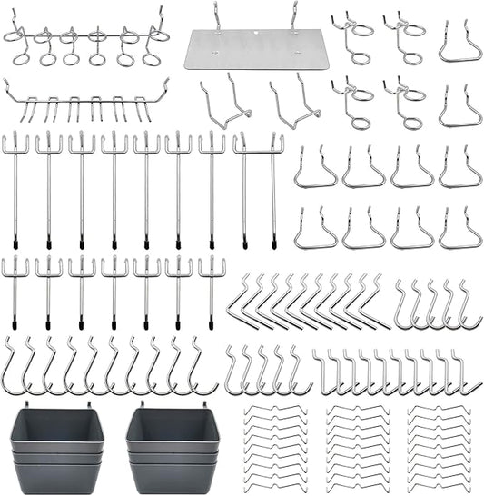 FRIMOONY Pegboard Hooks Assortment with Pegboard Bins, Peg Locks, for Organizing Various Tools, 140 Piece