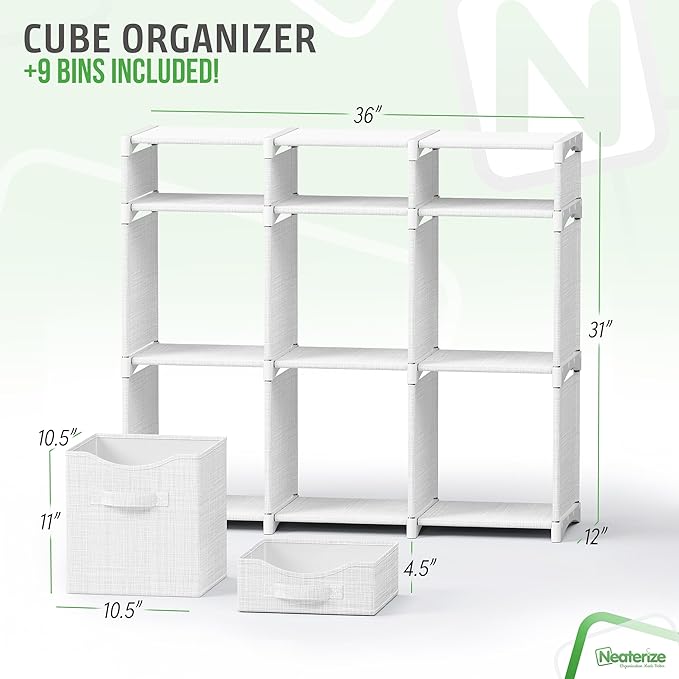 9 Cube Closet Organizers And Storage | Includes All Storage Cube Bins | Easy To Assemble Closet Storage Unit With Drawers | Room Organizer For Clothes, Baby Closet Bedroom, Playroom, Dorm (White Grey)