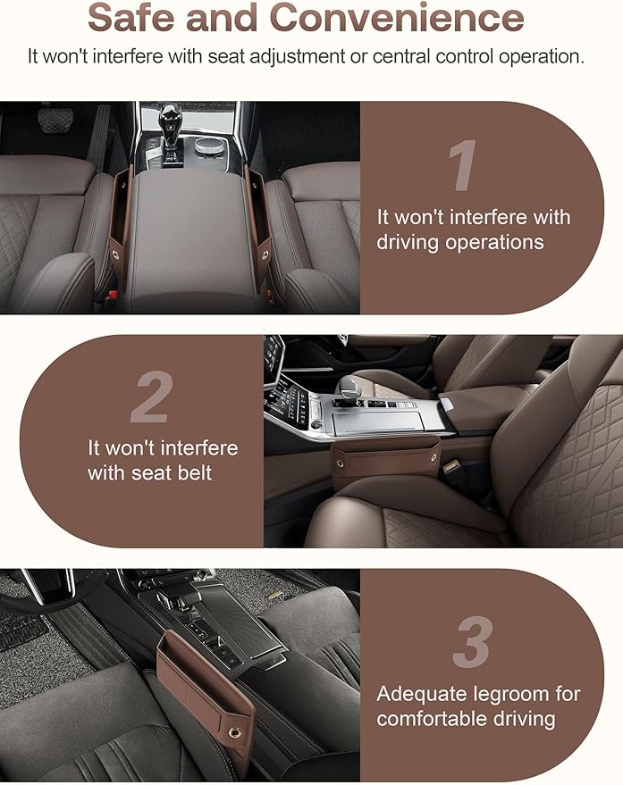 Premium Leather Seat Gap Filler Organizer, Universal Fit Car Accessories for Women/Men Interior, Center Console Organizer With Card Slots for SUV Truck (Brown, 2 Pack)