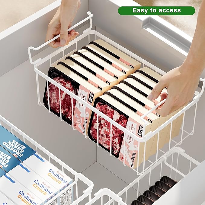 Freezer Organizer Bins With Tag, Stackable Freezer Baskets for Chest Freezer Sort Frozen Foods, Deep Freezer Organizer Bins with Handle Add Space Easy Reach, White Set of 6