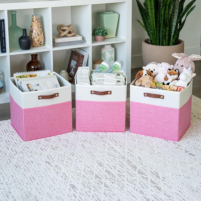OrganiHaus 13" x 13" x 13" Cube Fabric Storage Bins Set of 4, Fabric Storage Cubes w/ Vegan Handles, 13 inch Collapsible Bins for Clothes & Toy Organizer, 13x13 Basket for Decor - Pink/White