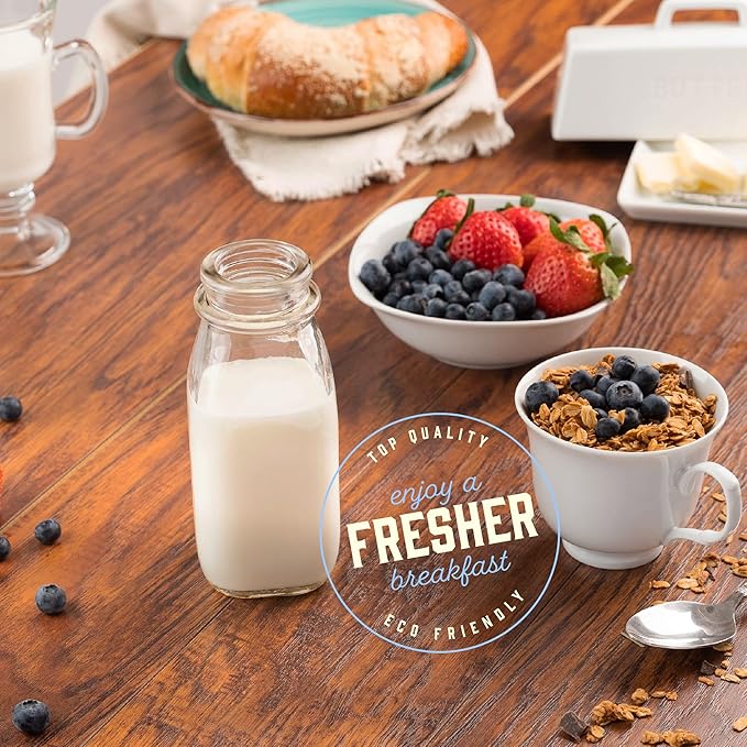 kitchentoolz Glass Creamer Bottle 12 Oz Square Glass Milk Bottle with Lids- Perfect Milk Container for Refrigerator - 12 Ounce Milk Bottle with Lid and Pour Spout