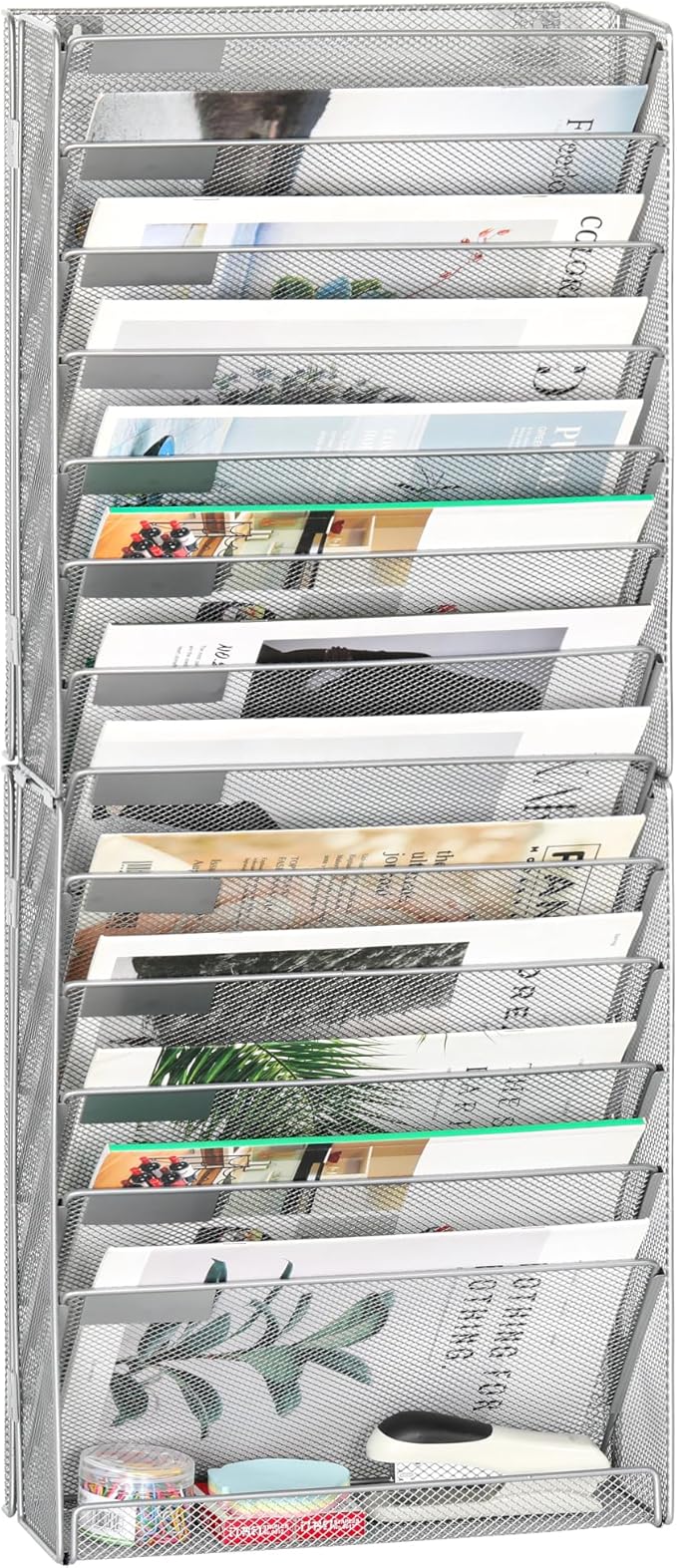 EasyPAG 14 Tier Wall File Holder with Flat Tray, Silver | Easy Assemble Mesh Desk File Organizer | 13-Folder Paper Storage | Replaceable Classify Labels | Space Saving Mail Organizer for Office Home