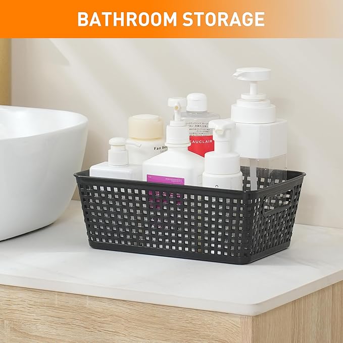 Plastic Storage Baskets With Lid, Storage Bins for Organizing, Stackable Decorative Containers for Shelves Drawers Desktop Closet Playroom Classroom Office, 6 Pack-Black