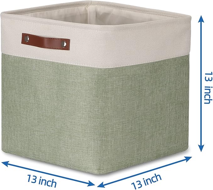 Temary Cube Storage Baskets for Shelves 4pack Fabric Storage Basket for Organizing Clothes, 13 Inch Storage Cubes with Leather Handles, Closet Baskets (White&Green)