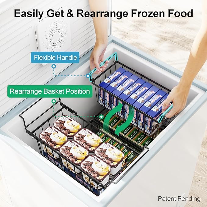 iSPECLE Chest Freezer Organizer Bins 8 Pack - Fit 7 Cu.Ft Deep Freezer, 2 Adjustable Hanging Baskets and 6 Pack Stackable Freezer Bins, Deep Freezer Organizer Bins Sort Frozen Food, Black
