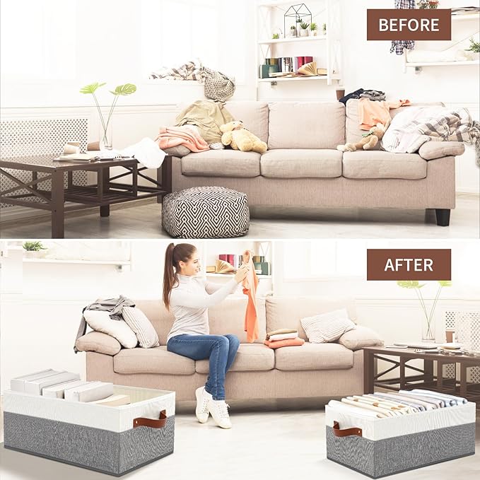 6 Pack Closet Storage Bins, Storage Baskets for Shelves, Linen Closet Organizers and Storage with Leather Handles for Clothes,Towels, Sheets, Jeans, Toys, Books (Grey and White)