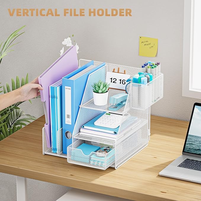 Marbrasse Desk Organizer and Accessories, 3-Tier File Organizer with Drawer and Pen Holder, Small Desktop Organizer and Storage for Workspace Office Supplies White
