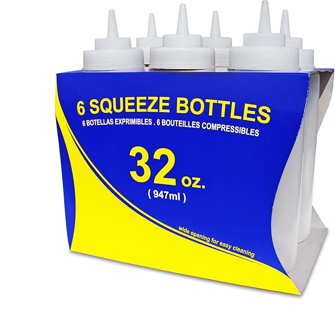 New Star Foodservice Squeeze Bottles, Plastic, Wide Mouth, 32 oz, Clear, Pack of 6