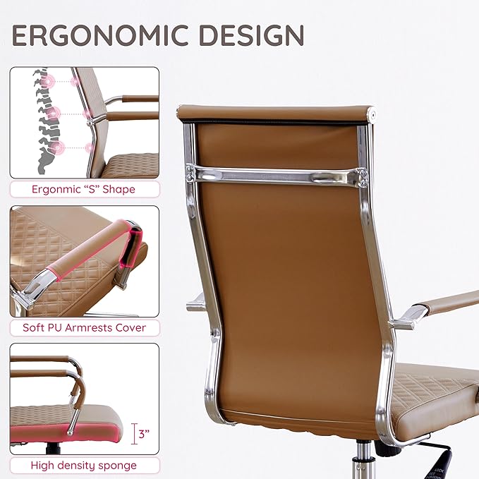 Livinia Modern Executive Office Chair with Patterned Back Design, Chrome & Leather Swivel Chair with High Back, Adjustable Height, Removable Armrests, and Wheels for Home Office (Brown(Chrome))