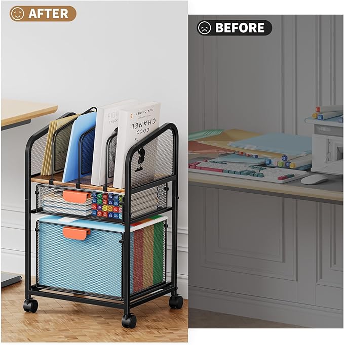 Marbrasse Rolling File Cart with Adjustable Dividers, Mobile File Cabinet on Lockable Wheels, Office Filing Cabinet Organizer, Hanging File Folder Organizer for Home Office - Dark Brown