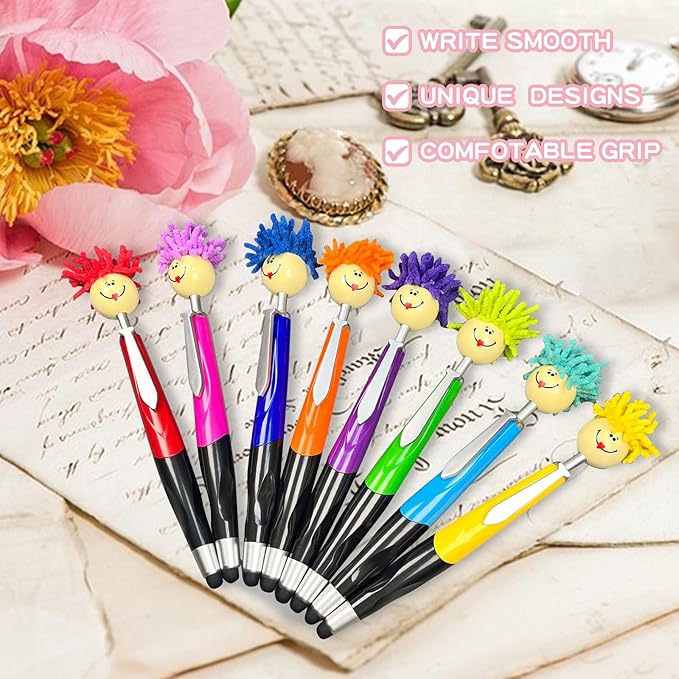 Pens,Funny Mophea Topper Pens,8pcs Mop Head Ballpoint Pens,with Plush Hair Writing Click Pen Portable Cute Cartoon Multi-function Signing Pen Decor Gift for Office Home