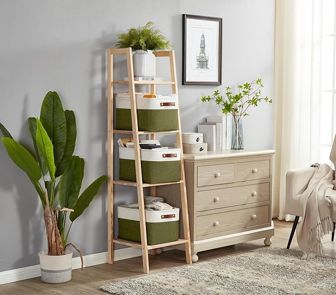 DECOMOMO Fabric Storage Bins - Storage Baskets for Shelves, Linen Closet Organization (Olive Green & White, Large - 3 Pack)