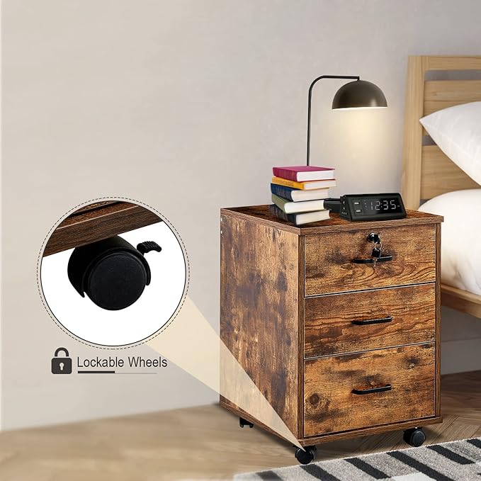 File Cabinet with Lock 3 Drawer Mobile Filing Cabinet with 360° Swivel Wheels, Under Desk Storage Cabinet Wooden File Organizer for Legal/Letter/A4 Documents, Home Office Storage (Brown)