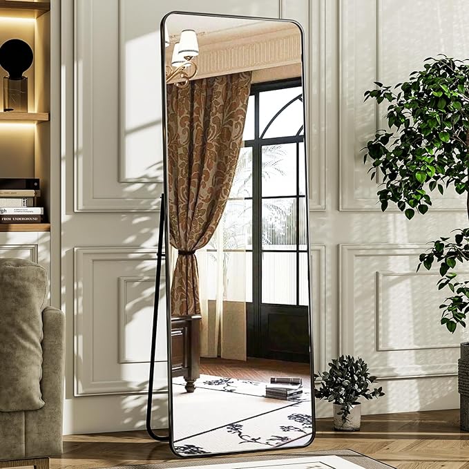 HARRITPURE 56" x 21" Rounded Full Length Mirror Aluminum Frame Black Mirror Full Length Floor Mirror with Stand for Living Room Bedroom Cloakroom