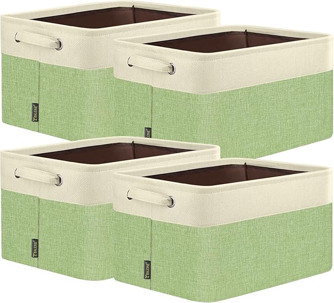 BALEINE 4 Pack Fabric Storage Bins for Shelves, Linen Storage Baskets for Organizing, Decorative Closet Bins for Clothes, Home (Green, 14''x10''x8.5'')