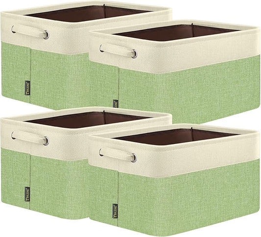 BALEINE 4 Pack Fabric Storage Bins for Shelves, Linen Storage Baskets for Organizing, Decorative Closet Bins for Clothes, Home (Green, 14''x10''x8.5'')