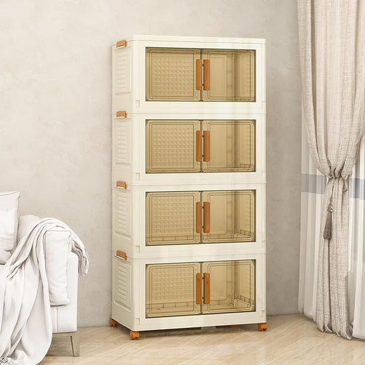 Plastic Stackable Storage Bins with Lids and Wheels, Foldable Storage Containers, Collapsible Clear Storage Cabinet with Doors White 4Tiers 148.8QT