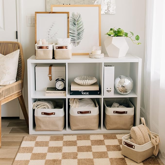 OrganiHaus Large Fabric Storage Baskets for Shelves 3 Pack, 15x11in Closet Storage Bins for Shelves, Canvas Baskets for Organizing, Linen Closet Organizers, Cloth Basket, Beige/Off-White