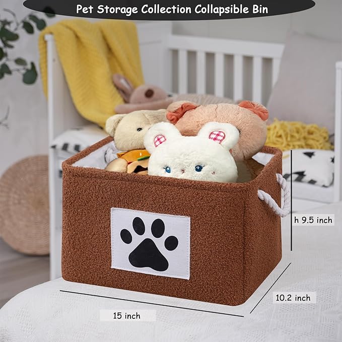 COMFY HOMI 2Pcs Dog Toy Basket with Metal Collapsible Pet Toy Storage Organizer with Handles-Soft Polyester Fleece Fabric Bin Storage Basket for Shelves, Toys Storage Organization 15"x10.2"x9.5"-Brown