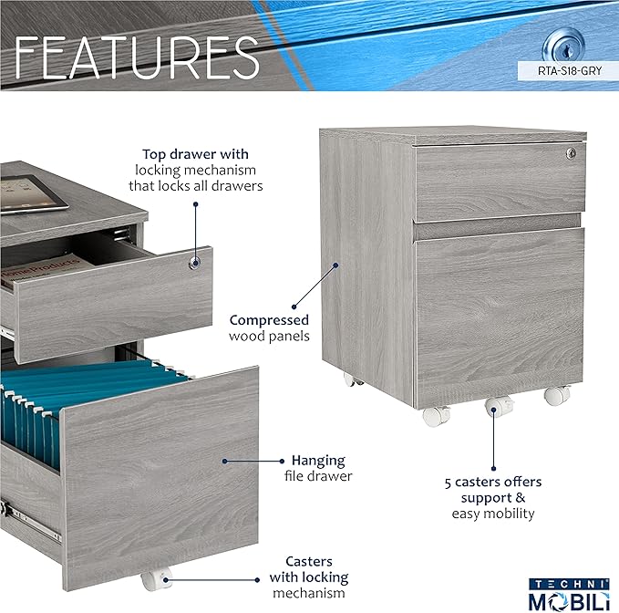 Techni Mobili Rolling Lock and Storage 2 Drawer Vertical Filing Cabinet, 15.75" L x 17.75" W x 23" H,Grey