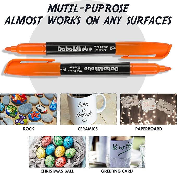 Dabo&Shobo Wet Erase Markers, 24-Count Smudge-Free Markers, 12 Colors Fine Tip, Erases With Water! Wet-Erase Low Odor Marker For Office, School And Home