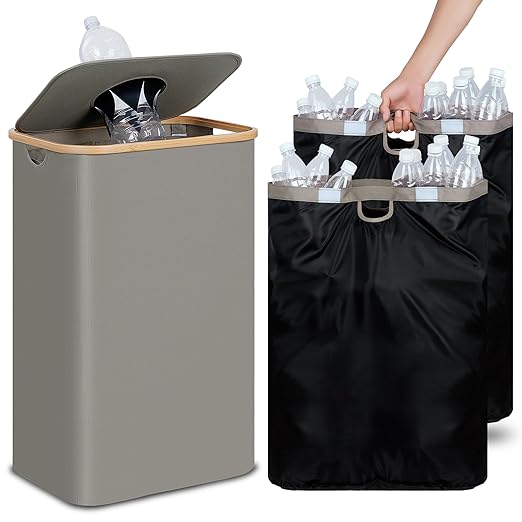 efluky Recycle Bin 26 Gallon, 100L Recycle Bin for Kitchen with 2 Removeable and Reusable Inner Bag, Large Recycling Bin with Lid for Bottle Can Plastice Stickers (Grey)
