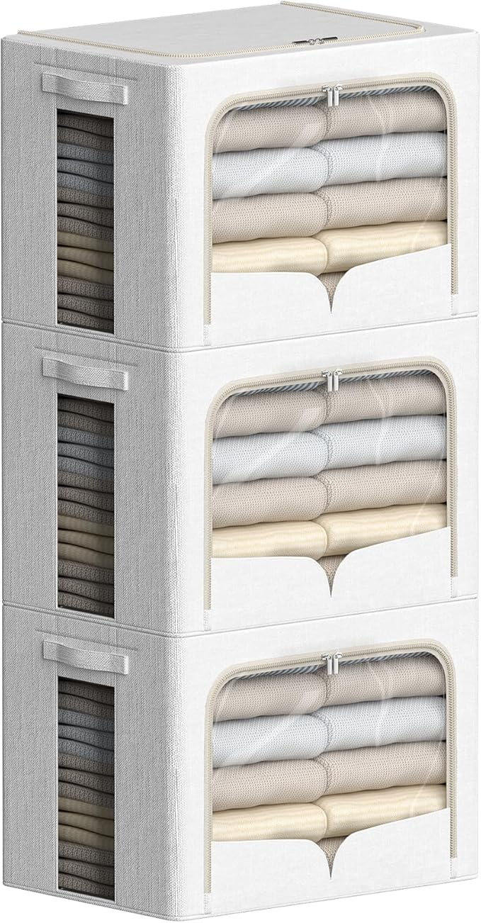 FHSQX 3 Pack Clothes Storage Bins Foldable Metal Frame Storage Box Stackable Linen Fabric Container Organizer Set with Carrying Handles and Clear Window (Cream White, 15.7x11.8x11.8inch(36L))