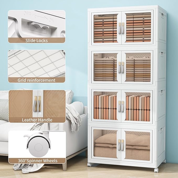 Large Clear Stackable Storage Bins with Lids, Foldable Storage Cabinet for Closet Organizers and Storage, Plastic Storage Box with Wheels 942 QT