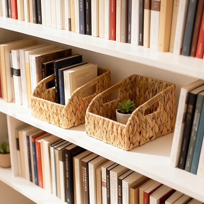 Pantry Organizers, Wicker Baskets for Organizing with Handles, Handwoven Wicker Storage Basket, Water Hyacinth Storage Bins Baskets for Shelves, Boho Decoration, 3 Pack,Natural