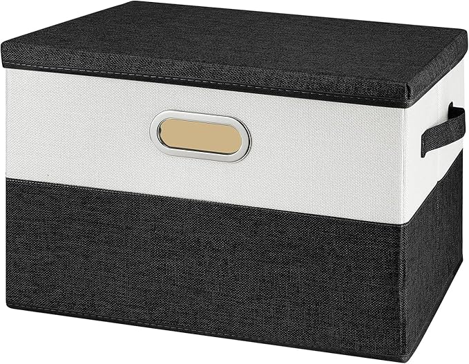 Large Linen Fabric Foldable Storage Bins with Removable Lid and Handles, Washable Storage Box Organizer Containers Baskets Cube with Cover for Bedroom,Closet,Office (Black&White, Medium)