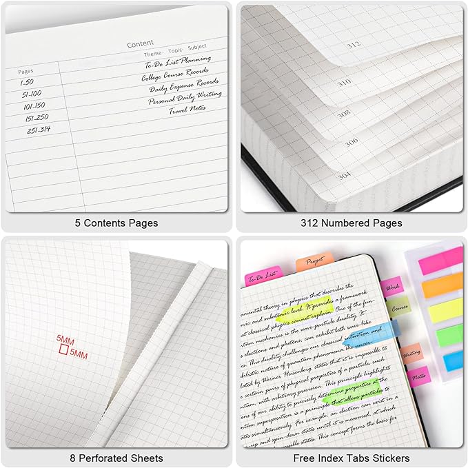 Graph Paper Notebook, 312 Numbered Pages B5 Hardcover Leather Journal, 100gsm No Bleed Grid Paper Notebook with Index Pages, Grid Notebook for Graphing Notes Math, 7.6'' X 10'', Grey Blue