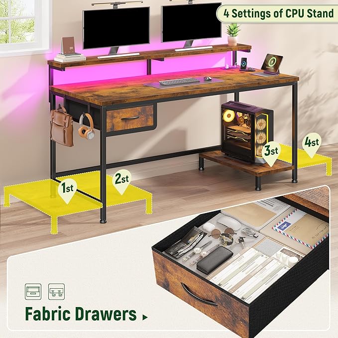39.3Inch Office Desk with Power Outlet & Drawer, Gaming Desk with CPU Stand& LED Lights,Computer Desk with Ergonomic Monitor Stand for Small Space,Rustic Brown
