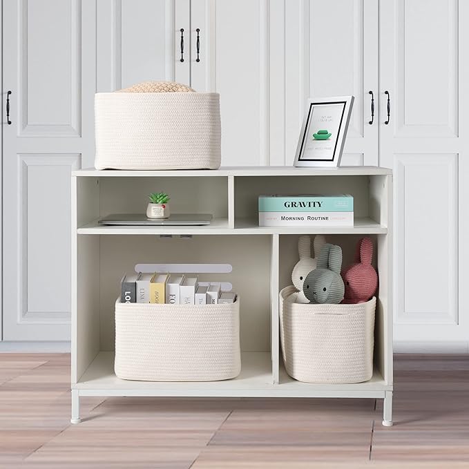 Cotton Rope storage Basket Bins Woven Basket for Organizing Shelves 15X10X9.3" Rectangle Decorative Baskets For storage Clothes Toys Books Towels Nursery basket organizer 3 pack white