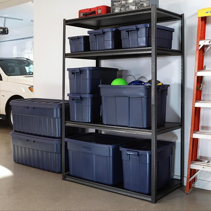 Rubbermaid Roughneck Tote Variety - |Made in the USA| Dark Indigo Metallic, Rugged Plastic Stackable Storage Tote with Lid and Handles (Pack of 10)