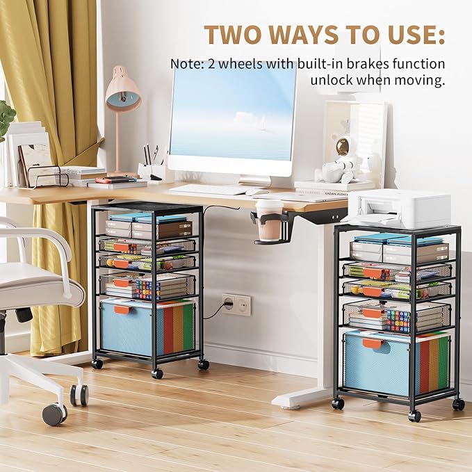 Marbrasse Rolling File Cart with 4 Storage Drawers, Mobile File Cabinet on Lockable Wheels, Hanging Filing Cabinet Organize, Under Desk Utility Cart for Home Office - Dark Brown