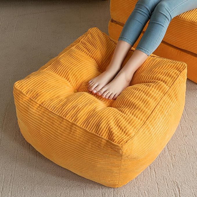 HIGOGOGO Square Stuffed Pouf Ottoman, Corduroy Poufs with Foam Chunk Filling, Furry and Fluffy Pouf Foot Stool Storage Ottoman, 21 X 21 Floor Poufs Foot Rest for Living Room, Orange