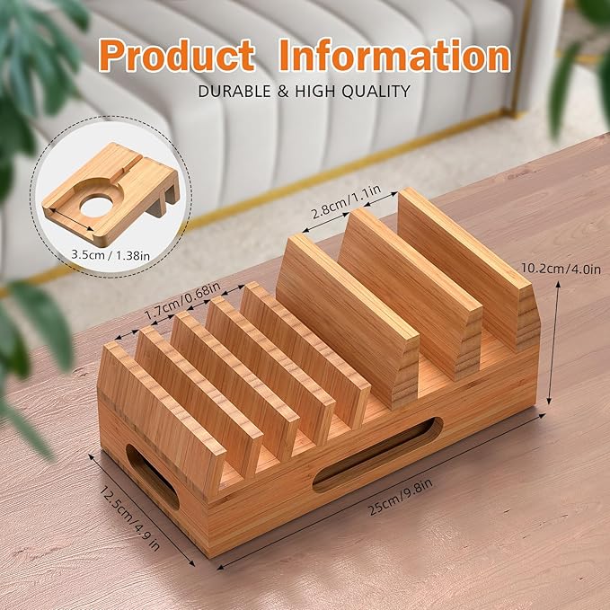 Pezin & Hulin Bamboo Charging Station Holder with 5 Port USB Charger, 5 x Charge Cables, Watch Stand, Wood Docking Stand Electronic Organizer for Multiple Devices, Phones, Tablets and More