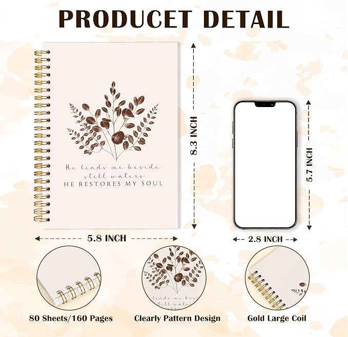 Qabliqo Vintage Plant Christian Spiral Notebooks, He Restores My Soul Bible Journals for Writing, Religious Payer Journal for Women Men, Scripture Notebook for Note Taking, 5.5x8.3 Inch