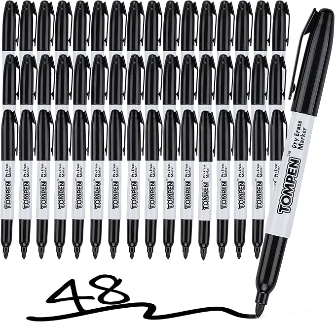 Dry Erase Markers Fine Tip,Black,48 Count Bulk,Thin Erasable Whiteboard Markers with Low Odor Ink Quick-Drying for Calendar Boards Office Home School Writing Planning
