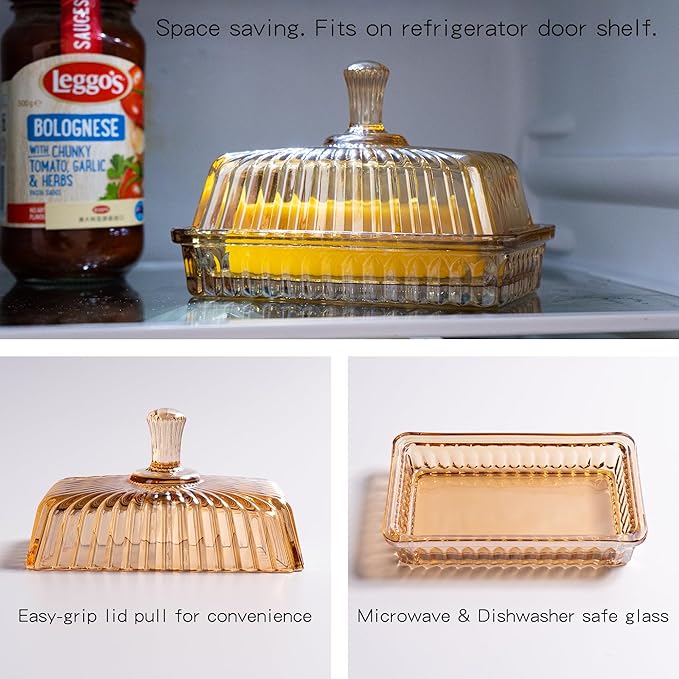 Glass Butter Dish with Lid for Countertop, Champagne Color Striped Crystal Covered Butter Holder Tray Container