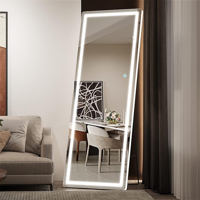 Hasipu Full Length Mirror with Lights, 61" x 22" LED Floor Mirror, Full Body Dressing Standing, Hanging Mounted Mirror for Living Room Bedroom Cloakroom, Round White