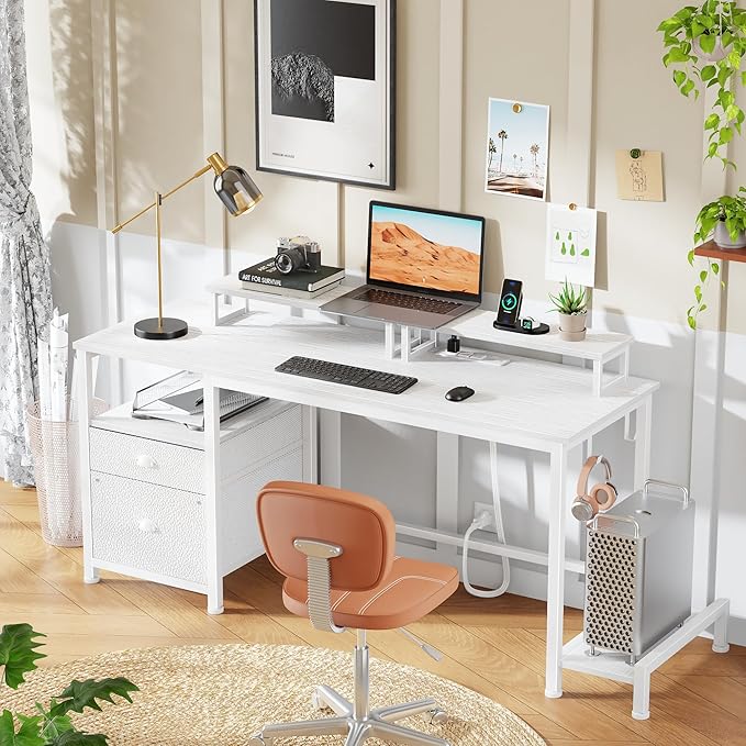 Furologee 47" Computer Desk with File Cabinet and Power Outlets, Home Office Desk with 2 Monitor Stands and Storage Drawer, Writing Gaming Table with Shelves and 2 Hooks for Bedroom, White