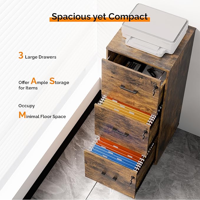 VINGLI 3 Drawer File Cabinet with Lock, Home Office Filing Organizer, for Letter Size File Folder Storage, Wood Tall Vertical Filing Cabinet, Printer Stand, Archivador (Rustic Brown)