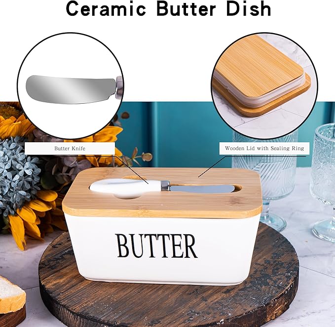 Large White Butter Dish with Lid and Knife for Countertop, Ceramic Covered Butter Stick Holder Container for Fridge