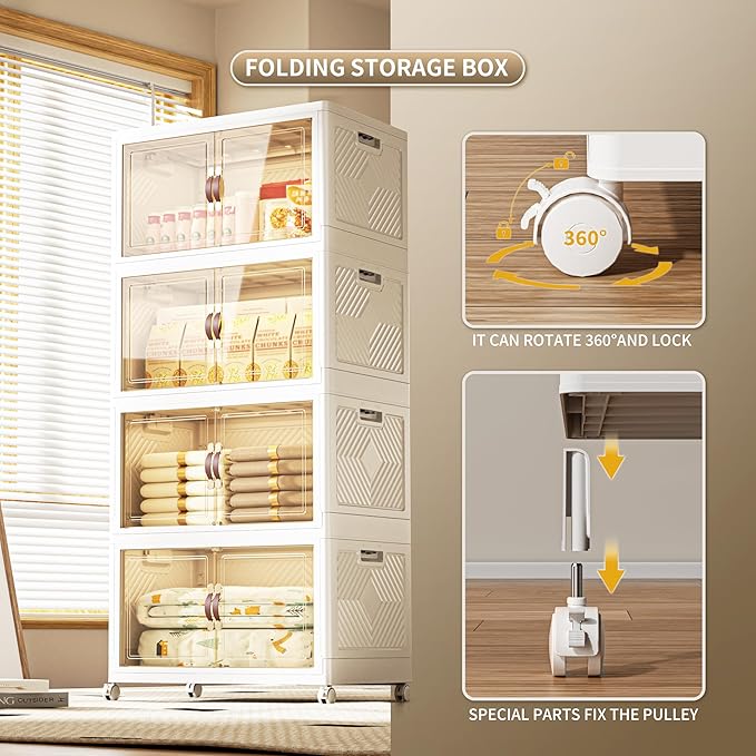 532 QT / 133 Gal Collapsible Storage Bins with Wheels & Magnetic Doors - Stackable Plastic Cabinet Organizer for Home, Garage, Closet (White Space-Saving Containers)