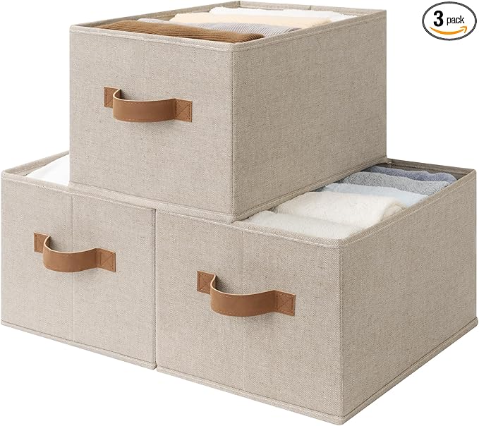 SroageWorks Storage Baskets for Shelves, Foldable Fabric Closet Storage Bins with Handles, Clothes Organizer Laundry Baskets, Brown & Beige, 3-Pack, Large