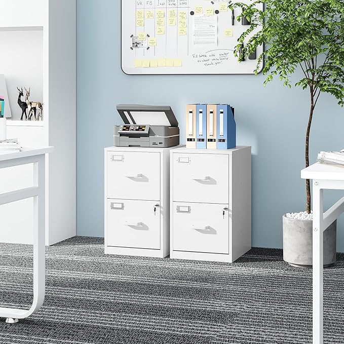 2 Drawers File Cabinet White Metal Vertical Filing Cabinets Metal Lockable Storage Cabinets with Lock for Home Office to Hanging Files