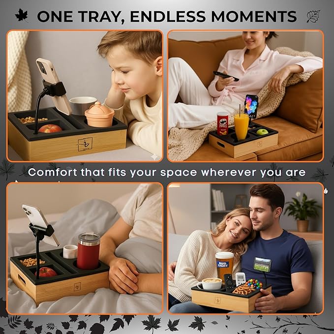 Couch Caddy with Cup Holder | Bamboo Couch Cup Holder Tray for Drinks, Snacks & Remotes | Couch Tray for Bed, Car Seat & Beach Organizer (Black)