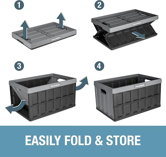 CleverMade Collapsible Storage Bins - Stone 1 Pack 46L - Stackable Containers Heavy Duty Capacity Folding Crates - Space-Saving for Home